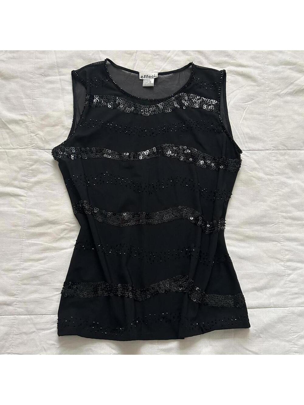 Effeci Y2K Black Sequin Beaded Mesh Top Size M